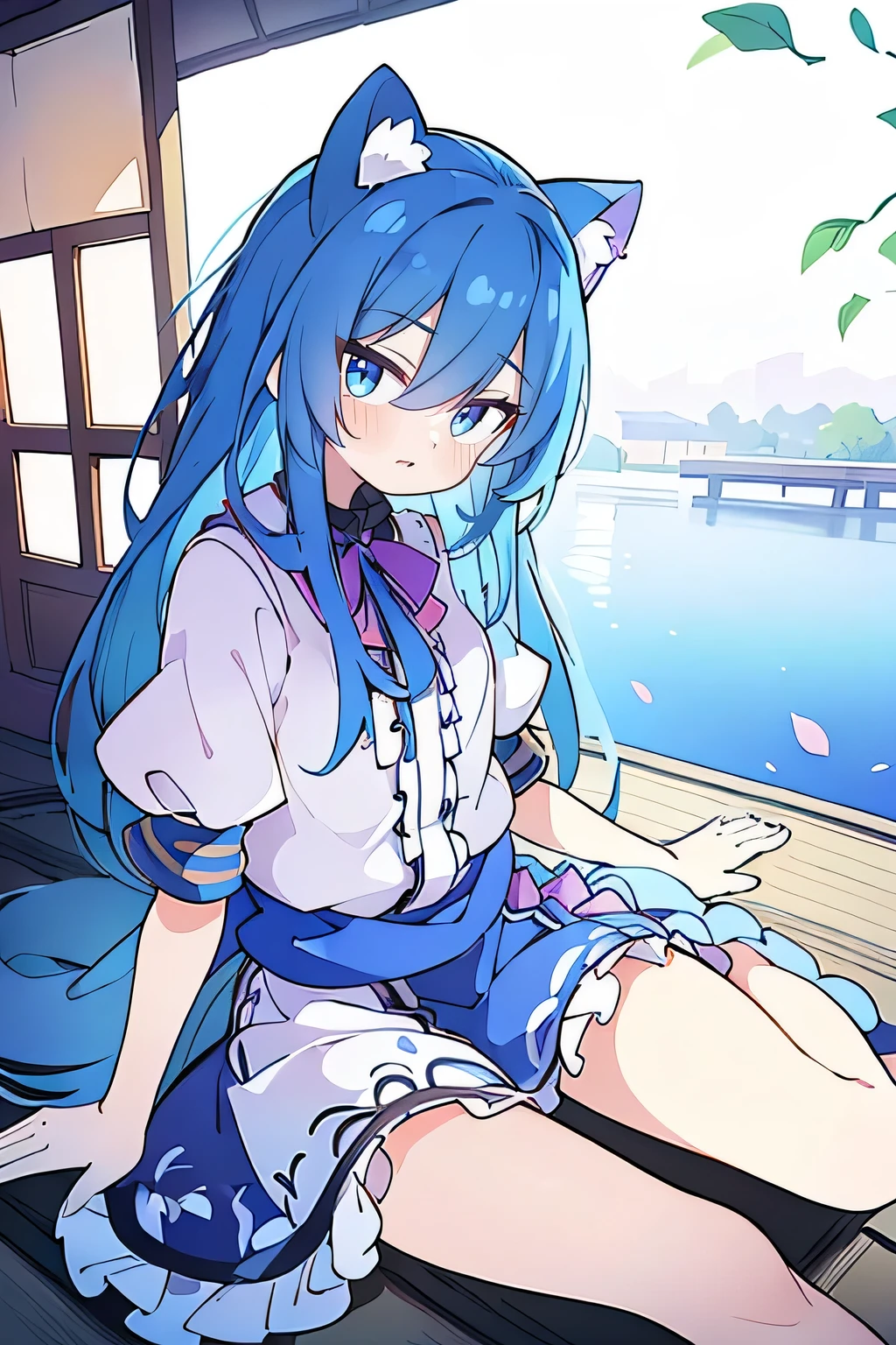 (masterpiece:1.2),ultra-detailed,realistic,expressive eyes,fair-skinned,perfectly shaped face,1girl,
Japanese cartoons,Gorgeous blue hair, flowing blue hair,floating clothes,cat ears,petals falling,beautiful Lola,Hina Angel,
hands on waist,gracefully sitting on the ground,legs crossed,gentle and serene background,cool and comfortable pavilion,smile.