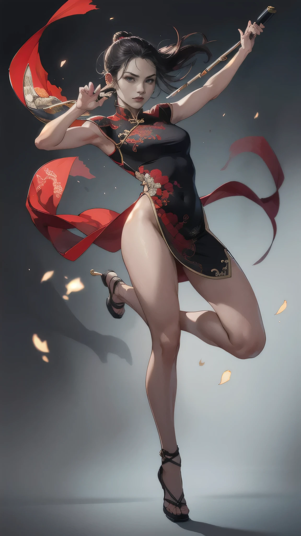 (best quality, highres),woman with nunchaku,traditional Chinese dress with exquisite embroidery,sensual,disheveled hair,expressing agility and gracefulness,full body,dynamic poses,energetic movements,vibrant colors,Chinese martial arts style,striking contrast between the dress and the background,soft lighting,poise and confidence.