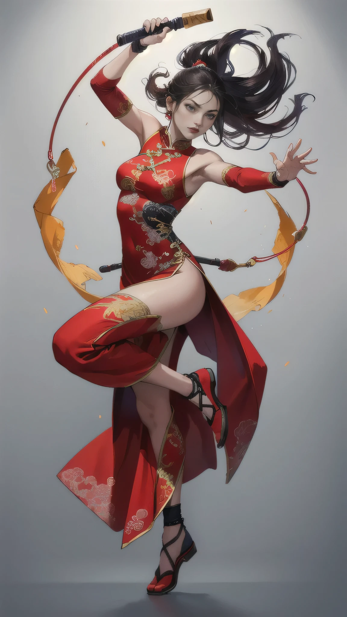 (best quality, highres),woman with nunchaku,traditional Chinese dress with exquisite embroidery,sensual,disheveled hair,expressing agility and gracefulness,full body,dynamic poses,energetic movements,vibrant colors,Chinese martial arts style,striking contrast between the dress and the background,soft lighting,poise and confidence.