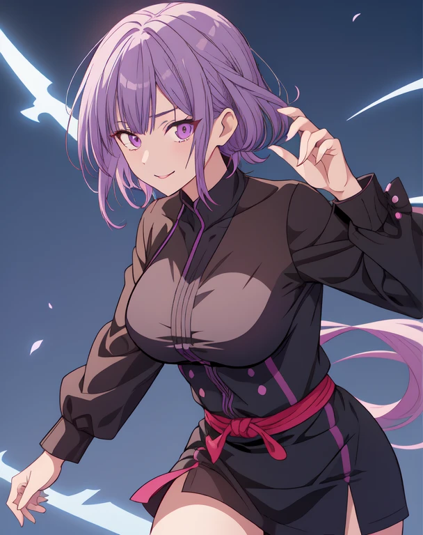 Mucho estilo, Jujutsu Kaisen, Estilo Jujutsu Kaisen, Chica de cabello violeta oscuro, Flor lila en la parte superior de su cabeza, ojos lilas, medium breasts, ropa uniforme jujutsu kaisen, sonriente, jujutsu kaisen, hermosa, bella