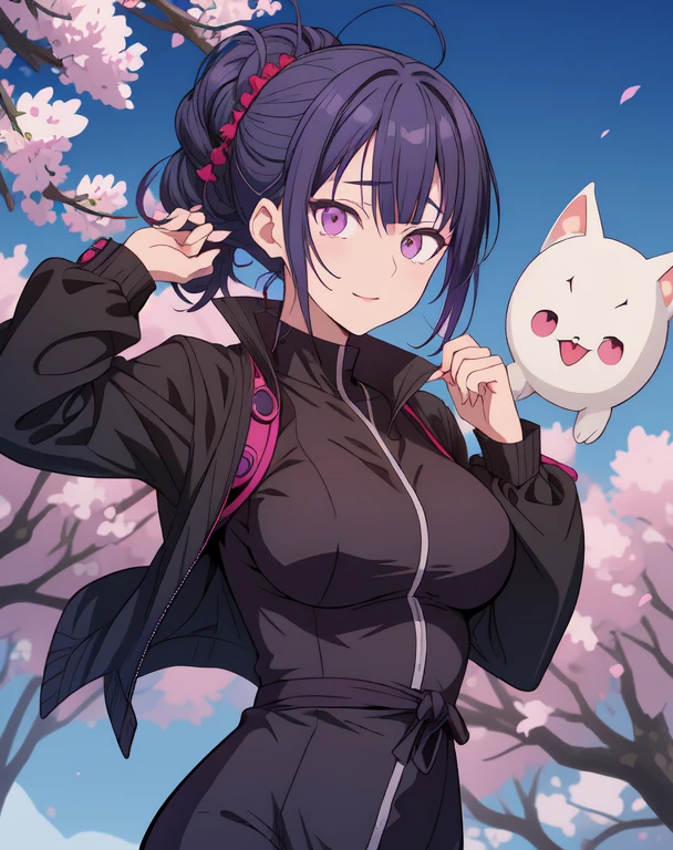 Mucho estilo, Jujutsu Kaisen, Estilo Jujutsu Kaisen, Chica de cabello violeta oscuro, Flor lila en la parte superior de su cabeza, ojos lilas, medium breasts, ropa uniforme jujutsu kaisen, sonriente, jujutsu kaisen, hermosa, bella