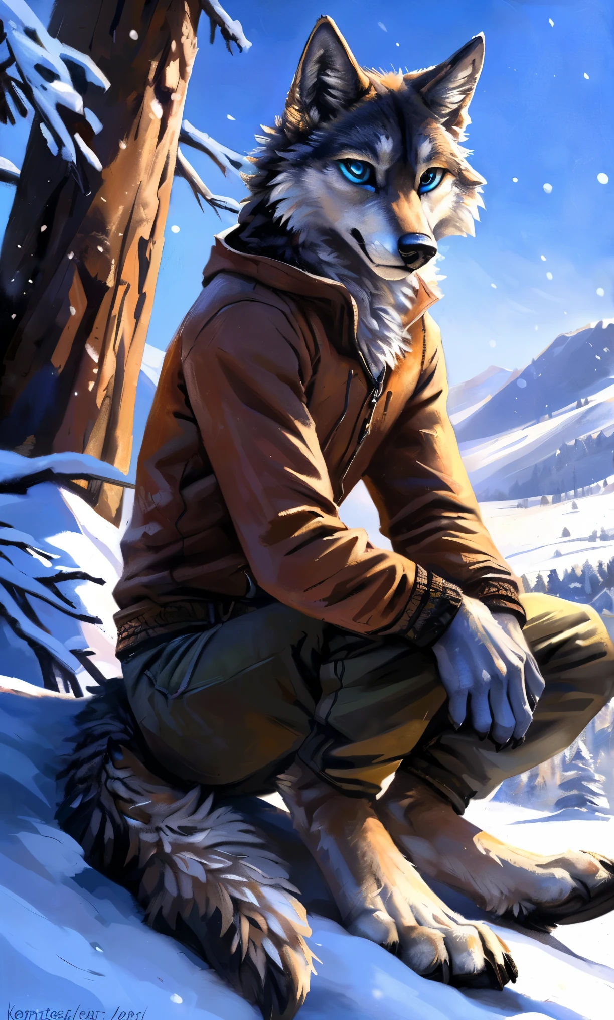 ((Solo)), male people, anthro wolf, (Multi-colored fur, White-brown:1.3，White tail pointed), (Height 2.1m,Tail length 1.2m), ((Wolf face, Big eyes, White eyelids, Blue pupil, Slim:1.2) (Tough, Calm expression:1.2)), Slim, pinging)), (Correct anatomy), (Winter clothing:1.1), The upper body  naked, (detailed outfits),A long big tail，Feet，(Realistic fur, Detailed fur texture, labeled:1.3)), (Natural lighting), Photorealistic, Hyperrealistic, ultradetailed, by Kenket，Snowfield，erect through，Running on