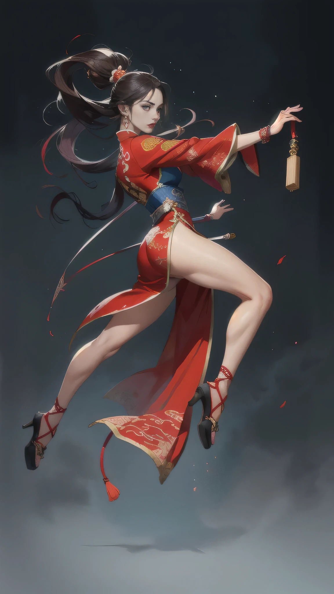 (best quality, highres),woman with nunchaku,traditional Chinese dress with exquisite embroidery,sensual,disheveled hair,expressing agility and gracefulness,full body,dynamic poses,energetic movements,vibrant colors,Chinese martial arts style,striking contrast between the dress and the background,soft lighting,poise and confidence.