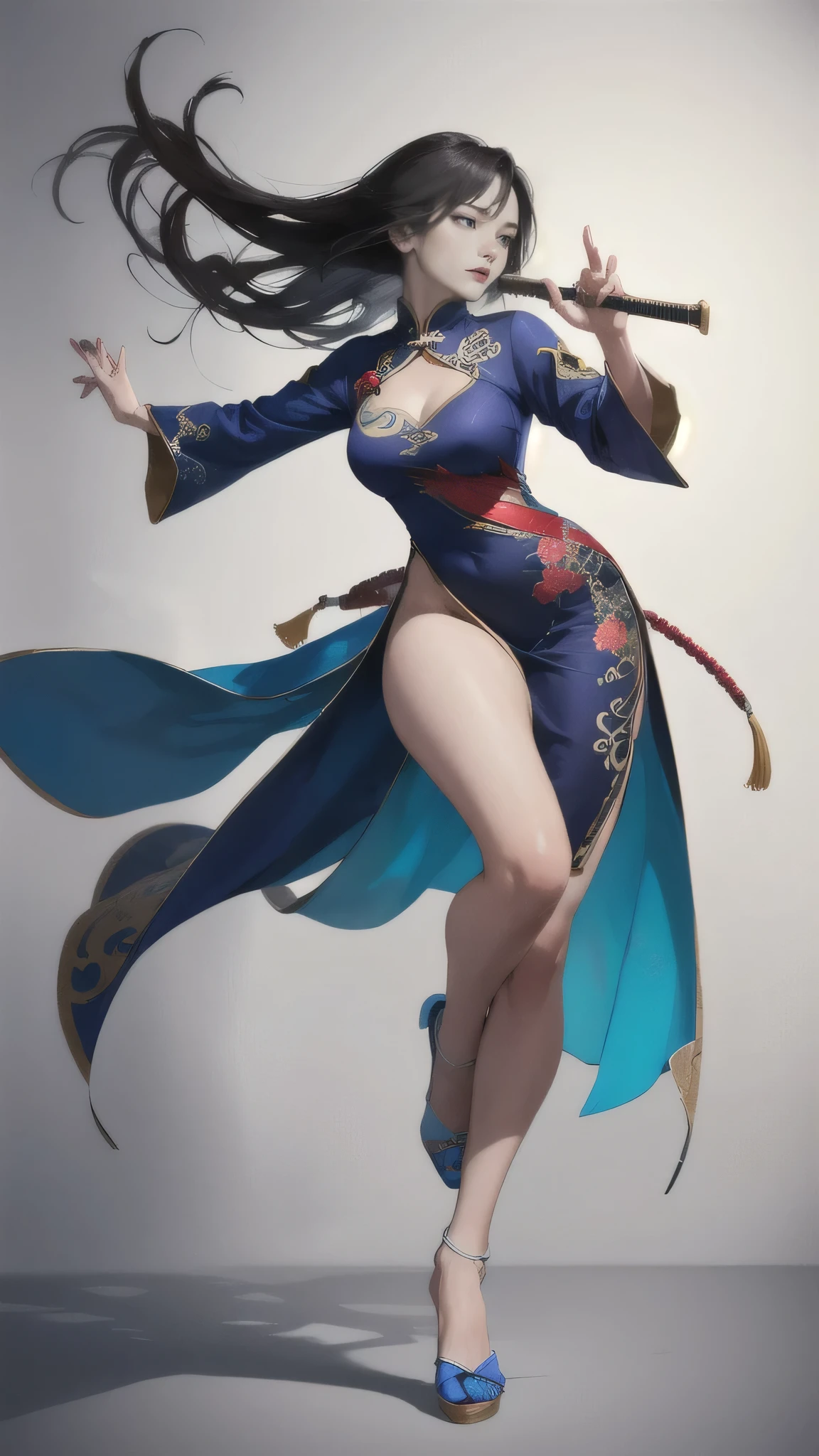 (best quality, highres),woman with nunchaku,traditional Chinese dress with exquisite embroidery,sensual,disheveled hair,expressing agility and gracefulness,full body,dynamic poses,energetic movements,vibrant colors,Chinese martial arts style,striking contrast between the dress and the background,soft lighting,poise and confidence.