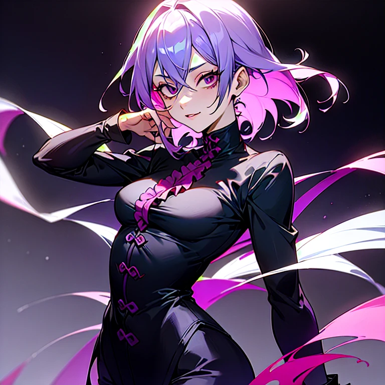 (Mucho estilo, Jujutsu Kaisen, Estilo Jujutsu Kaisen, Chica de cabello violeta oscuro, Flor lila en la parte superior de su cabeza, ojos lilas, medium breasts, ropa uniforme jujutsu kaisen, sonriente