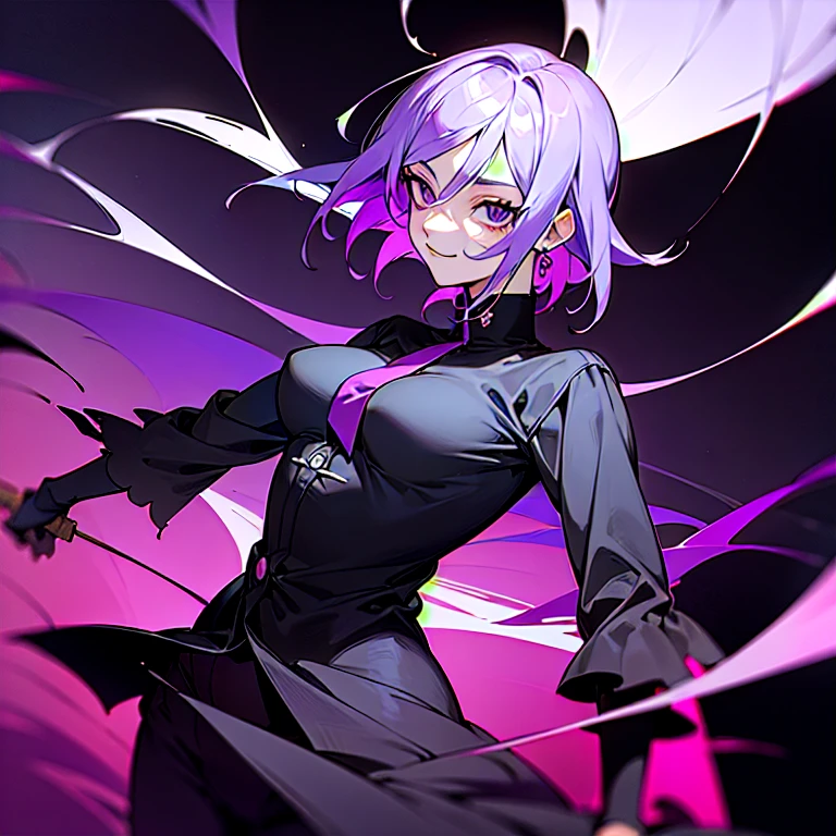 (Mucho estilo, Jujutsu Kaisen, Estilo Jujutsu Kaisen, Chica de cabello violeta oscuro, Flor lila en la parte superior de su cabeza, ojos lilas, medium breasts, ropa uniforme jujutsu kaisen, sonriente