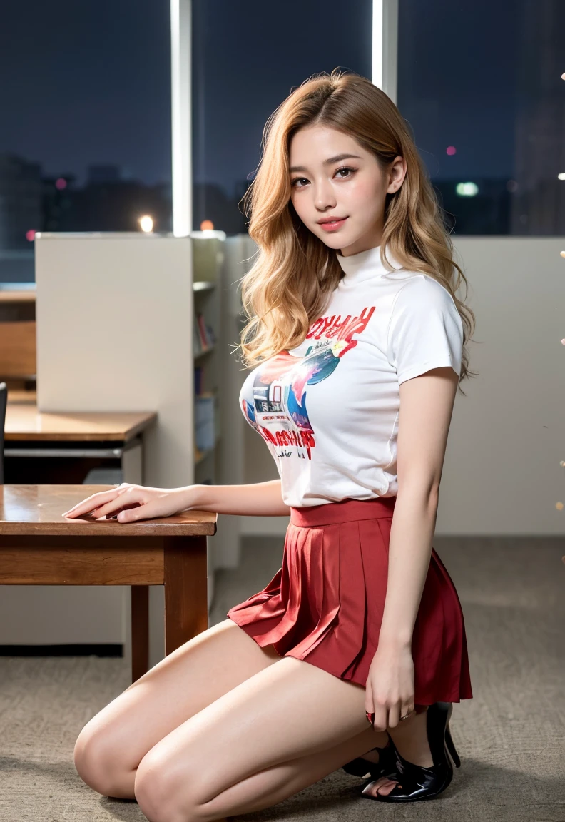 (((neat woman,Bright-eyed excitement,kind big smile,blush,blush,red cheek,please touch me,tempting viewer,i want you))),(kneeling,spread legs apart,fingers between legs),((((blush,red cheek)))),(cinematic lighting), (Photo real:1.4)、(A hyper-realistic:1.4)、(Photorealistic:1.3)、 (gentle lighting: 1.05)、(Improve the lighting quality of your video:0.9)、 32k、25years old woman、photorealistic lighting、Back lighting、Facial Lights、Ray Trace、(bright:1.2)、(Increase quality:1.4)、 (best quality real texture skin)、Fair eyes,delicate face、 Close-up of the face, ((Wearing the printed high-neck t-shirt, no printed pleated skirt,high-heel),(Bodyline mood improvement:1.1)、Glossy skin、Korean Idol、Nogizaka Idol、good figure,perfect anatomy,Beautiful actress,(((beautiful large breasts,slender waist,slender hip,long slender legs,8heads tall))),(((8heads tall))),(((blonde wavy hair,curtain bangs))),(((in the beautiful modern office of library,super clean night view,in the night))),