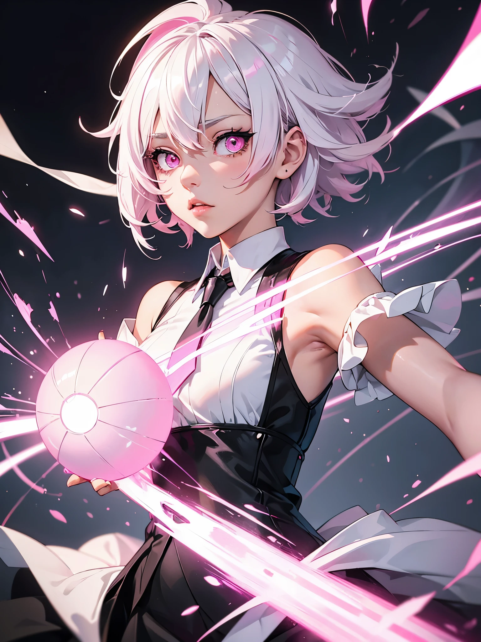 White hair. Short hair. Inner pink hair. Anime girl. Pink eyes. Glowing eyes. Nekomimi. White and Black clothes. Pink tie. Bandage in elbow. Shooting energy ball.