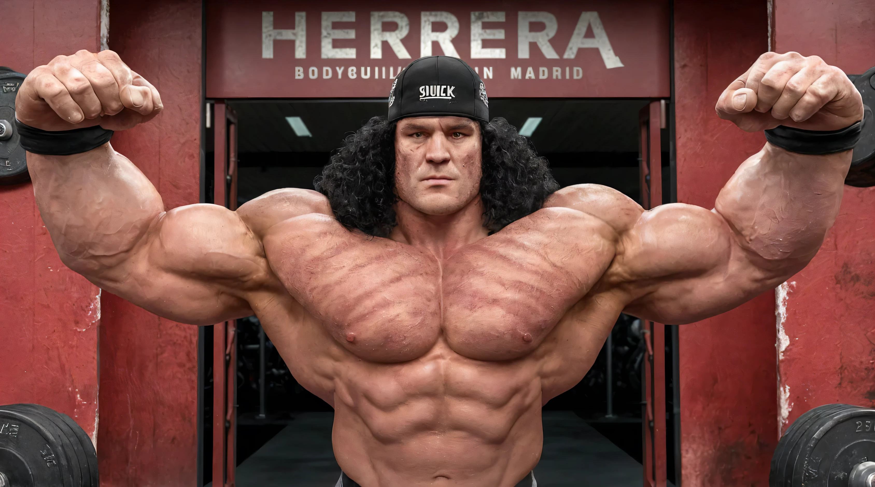 A stunning PHOTOREALISTIC, 8K, of Sam Sulek, the weightlifting giant, standing proudly in front of the :Herrera Bodybuilding Gym . in Madrid. His immense, sculpted physique seamlessly blends with the muscular environment, FULL OF VEINS, creating a powerful and inspiring scene. His wide, striated lats bear a series of scars, each telling a story of determination and sacrifice. The acne on his skin adds a touch of humanity to his majestic presence. His black, curly hair cascades onto his broad shoulders like a waterfall of strength. The black cap with the:SULEK logo serves as his crown, a symbol of pride and identity. Sam is a titan, PERFECT HANDS, a modern warrior who battles against weights and adversity, embodying the true spirit of perseverance. The image is rendered in a cinematic style, capturing every detail
