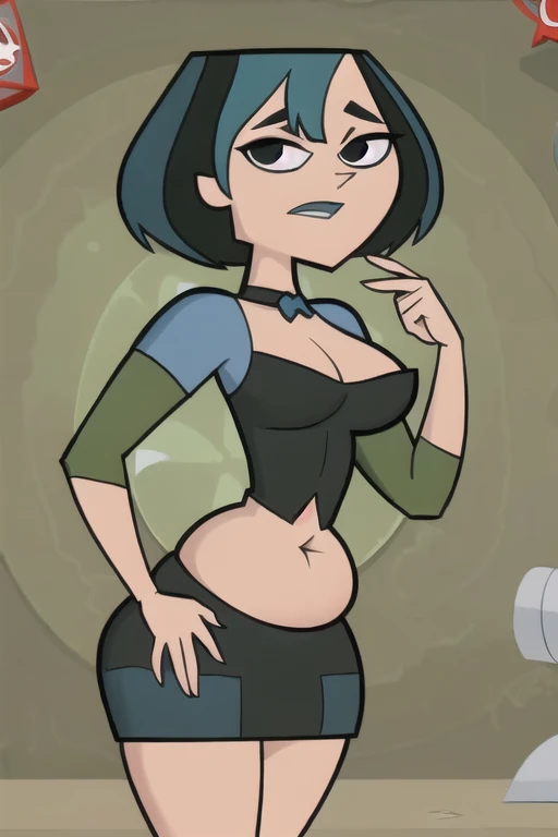 (8k, RAW photo, best quality, masterpiece:1.2), (intricate details), perfect eyes, perfect face, perfect lighting, beautiful, (masterpiece:1.2), (best quality:1.2), 1girl, cartoon style, gwentdi, solo, black eyes, face portrait, look at the viewer, huge belly, chubby