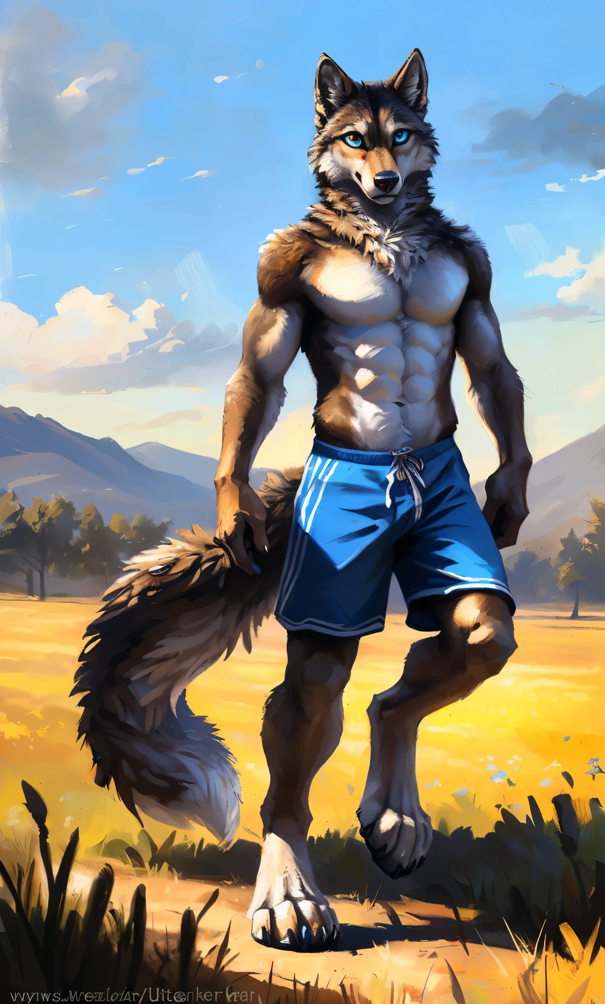 ((Solo)), male people, anthro wolf, (Multi-colored fur, White-brown:1.3，White tail pointed), (Height 2.1m,Tail length 1.2m), ((Wolf face, Big eyes, White eyelids, Blue pupil, Slim:1.2) (Tough, Calm expression:1.2)), Abs, Slim, pinging)), (Correct anatomy), (Work shorts:1.1), The upper body  naked, (detailed outfits),A long big tail，Feet，(Realistic fur, Detailed fur texture, labeled:1.3)), (Natural lighting), Photorealistic, Hyperrealistic, ultradetailed, by Kenket，Field，erect through，Running on