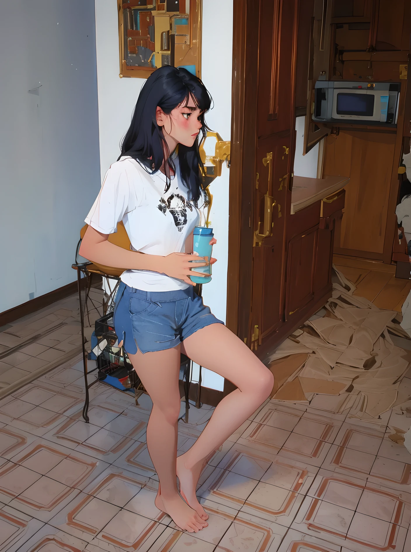 1girl, sexy, bare legs, short shorts, blue shorts, bare feet, black hair, white shirt