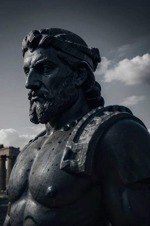 "A dark landscape image of an ancient greek society deeply connected to stoicism, black and white, ancient greek architecture, include one single big statue of a stereotypical strong greek man, marcus aurelius --ar 16:9 --style G4JuqKlERum6vZGYhO9USsL"