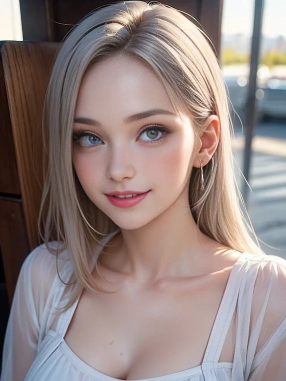 (best quality, 8k, photorealistic:1.5), (solo, one girl:1.5),(shine a bright light on women),(ultimate beautiful girl),(shiny skin),(oily skin),(Silver Ash Hair:1.3),(long hair:1.3),(cool beauty:1.5),(Blush brown makeup),(use pink glossy lipstick),(big beady eyes girl:1.5),(droopy eyes girl:1.5),(Big Eyes),(healthy body),(sweet smelling girl),(virgin girl),chuuChloe,(impressive eyes),(clean girl),(cute),(relaxing time),(compassion),(impurity),(love filled),(No love experience),(ager:1.2),(Lovely),(university student:1.5),(smile:1.5)