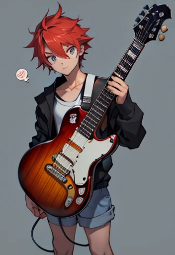 An electric guitar with ax, vermelha ,manga Style , With sticker , human Male Adolescent  , blue pupils 