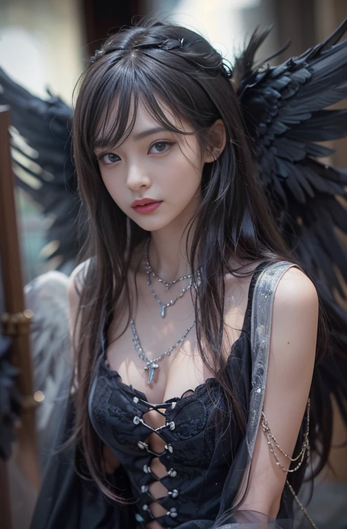 (masterpiece:1.3), (8k, Photorealistic, Raw photo, Best image quality: 1.4), Fair-skinned fairy woman、long Hair blowing、Cleavage:2.0、Super detailed face、Attention to detail、double eyelid、Put your chest together、Sharp focus:1.2、Beautiful woman:1.4、 brunette hair、highest quality、masterpiece、超A high resolution、(Photorealistic:1.4)、Highly detailed and professionally lit smile, gothic costume、dark street ,Shoulder out、thin、Serious expression、Neogos、Goth Fashion:1.2 , Short-haired、Deadly position, gorgeous necklace , one person、whole body, Enormous black angel wings from the latissimus dorsi、rainy , yellow and silver eye
