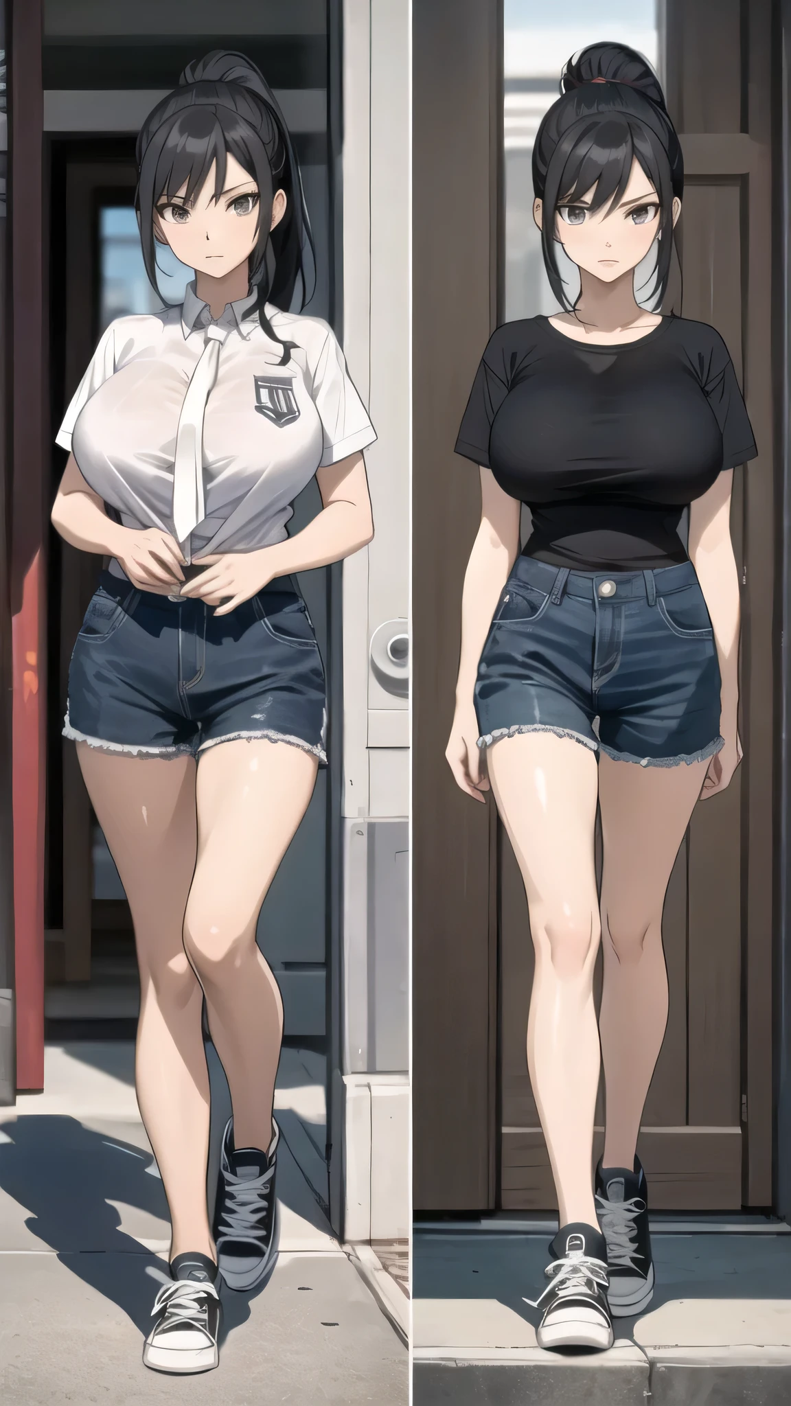 1 girl solo, ponytail and tie, black hair, wearing short sleeve white shirt white tie, wearing office, ((full body)), converse sneakers, converse high, (big breasts), highly detailed face, cool, tomboy,