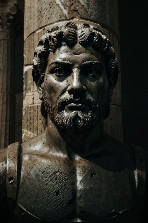 "A dark landscape image of an ancient greek society deeply connected to stoicism, black and white, ancient greek architecture, include one single big statue of a stereotypical strong greek man, marcus aurelius --ar 16:9 --style G4JuqKlERum6vZGYhO9USsL"