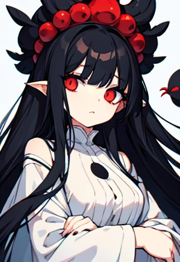 Monster female, long Black hair ,big eyes , white dress , Bird hands , monster Mouth