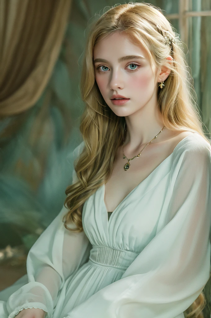( masterpiece, top quality, best quality,8k, girl,ultra detailed,raw photo:1.5),(photorealistic:1.4), (cinematic lighting), PerfectNwsjMajic, , Surrealism, UHD, ccurate, Super detail, textured skin, High detail, Best quality, dynamic angle, White skin,[Beautiful blue eyes], high nose,[flat chest:large breasts:0.5],(1girl),((good anatomy:0.5)), Dreamy atmosphere,expressive brush strokes, mystical ambiance, Artistic interpretation, Stunning Studio Ghibli style white costumes, a whimsical illustration, Subtle colors and tones, mystical aura, jewelry, splendor, portrait, dark blonde hair