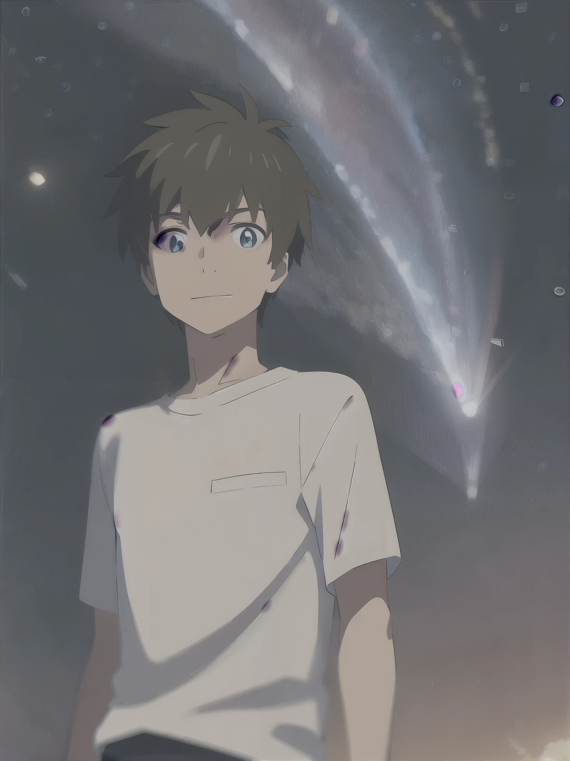 Highres, Masterpiece, Best quality at best,High-quality illustrations, Best Quality, shinkai makoto, kimi no na wa, tachibana taki, 1boy, boy, Shota, Anime style, blue eyes, brown hair, comet, Blue shirt, male focus, night, night sky, sky, smile, solo