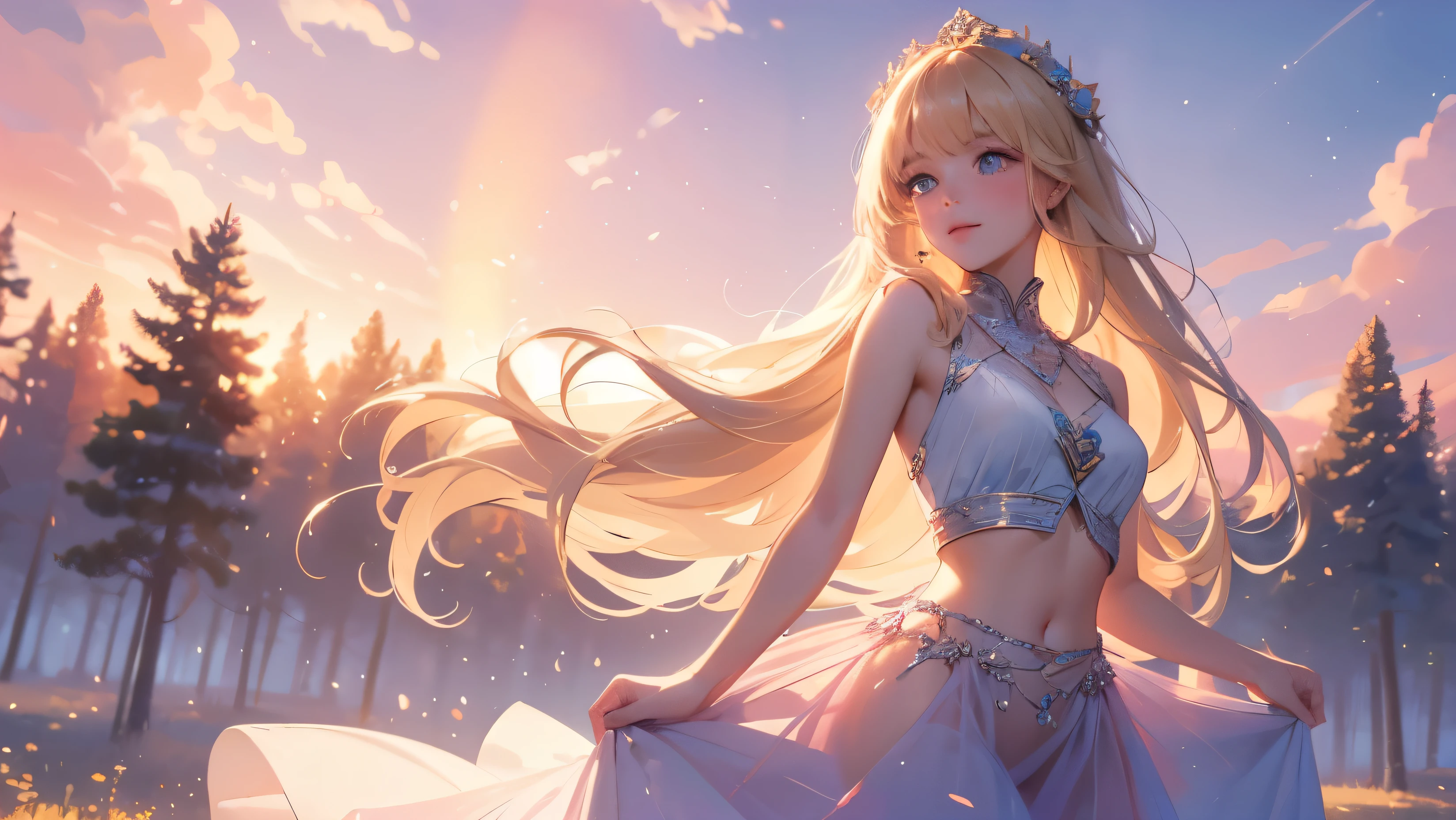 (masterpiece, highest quality:1.4), (8k), Beautiful young blonde woman, (((18-year-old, Beautiful girl))), Detailed blue eyes, Long eyelashes, blush, A kind smile, Upper Body, Crop top, Small Ass, Slim, thin legs, Pink Skirt, (View your viewers), Beautiful blonde hair, White skin, Long Hair, bangs, (Medium sized breasts), (Mushroom Forest, Forest in the Sky, Beautiful and magnificent pink sun, Majestic Sky), Colorful natural light)