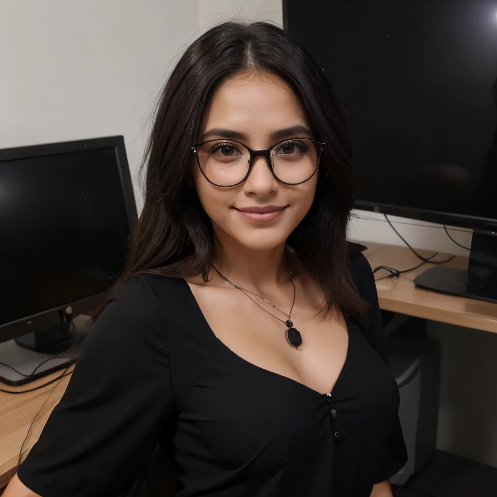 Mulher morena, advogada, round black glasses, cabelos pretos lisos, sorridente, ((terno preto, gravata amarela)), usando o computador, in your office.