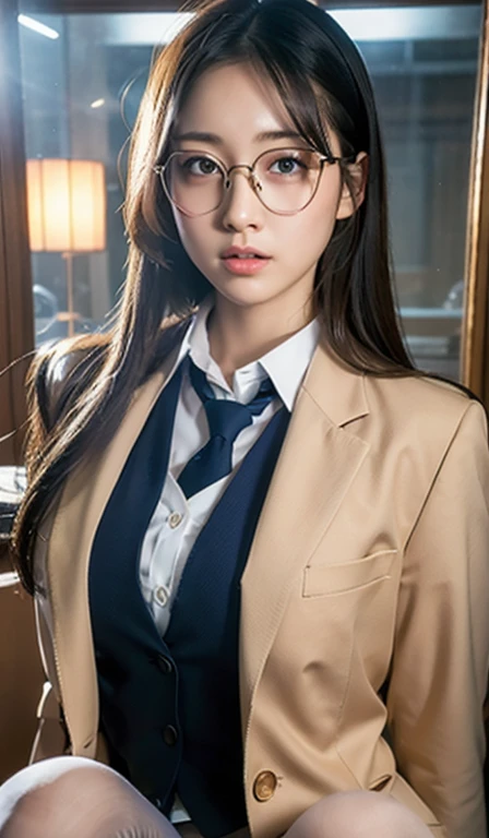 (RAW Photos:1.2), (Realistic:1.4), Beautiful detailed girl, Very detailedな目と顔, Beautiful fine details, Wearing a suit,Wear glasses, Large file size, Super detailed, High resolution, Very detailed, highest quality, masterpiece, ((Japanese Girls High School Uniform)),, Very detailed, CG, Unite, 8k wallpaper, wonderful, Fine details, masterpiece, highest quality, highly detailed CG uniform 8k wallpaper, Light on the face, Cinema Lighting, 26-year-old woman, (((panties)), ((Dynamic pose))), (Camel Toe), (half), (pantyhose), (Sit on your legs with your knees bent))