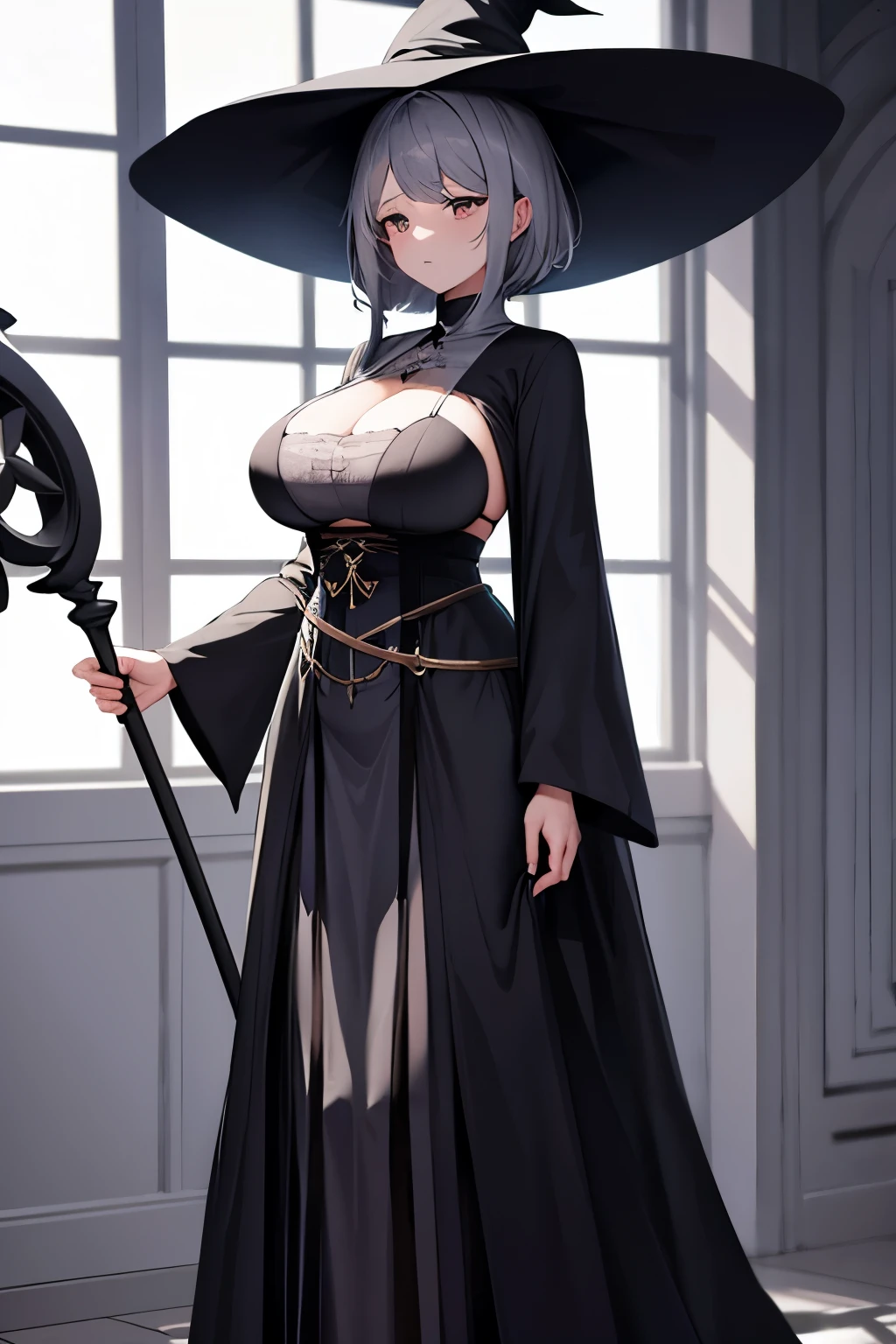 girl, witch, big hat, full body, huge breast, big staff, window, long dress, black dress, gray hair, short hair, long bangs, facing camera, white bra