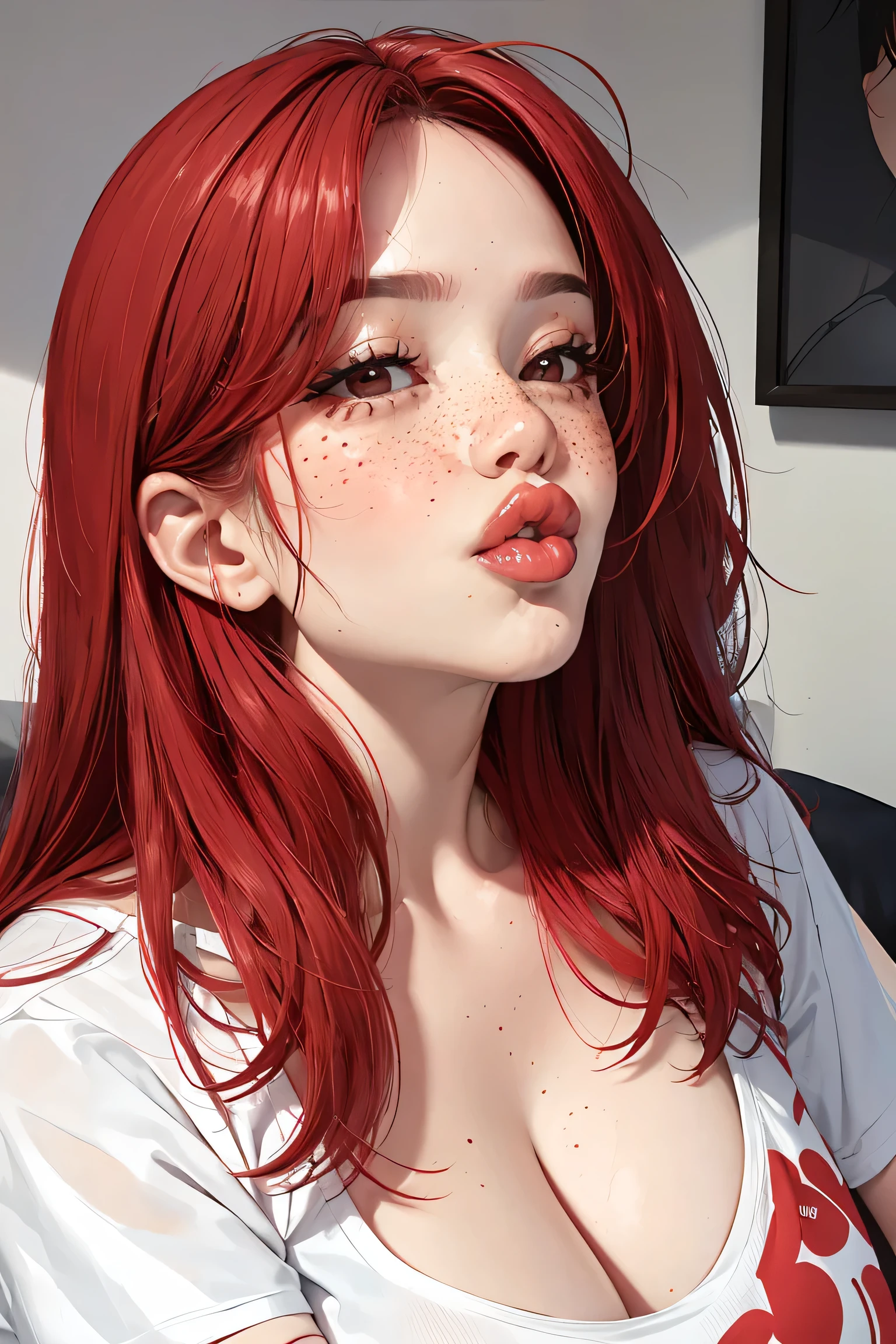 realisticlying、Two 45-year-old girls、T-shirt wearing,Face enhancement,Chest super large zoom,Cleavage emphasis,Looking up from the bottom,Blushing,Red lips,A sexy,Bed sit,Open your mouth widewhite hair, freckles, lipgloss, lip focus,