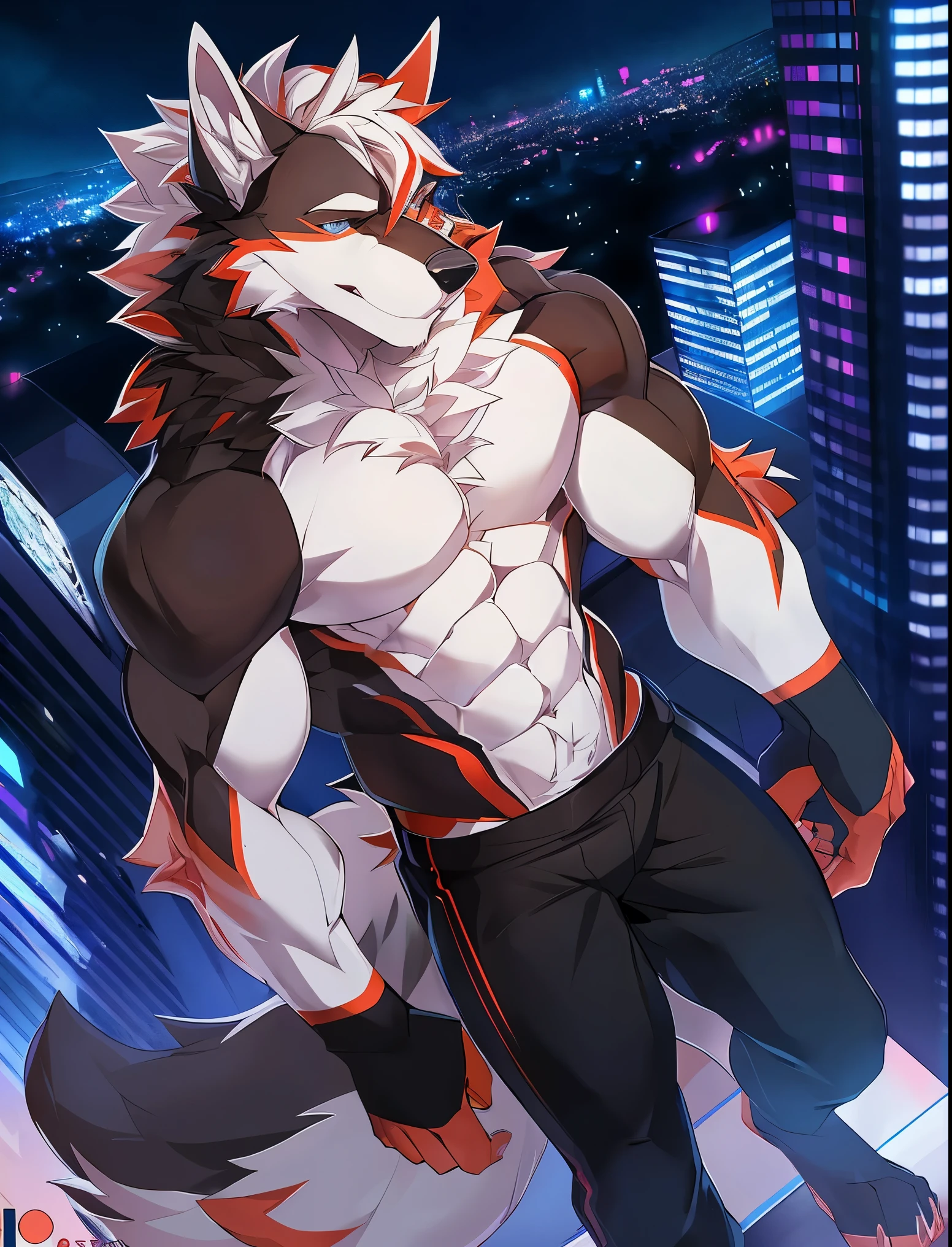 ((Solo)), male people, anthro wolf, (Multi-colored fur, White tail pointed), (Height 3meters,Tail length 2meters), Abs, pinginuscular, A long big tail, by patto, modern city