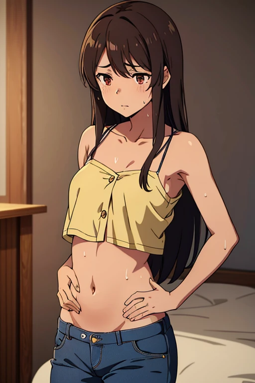 (masterpiece, high quality), brown skin anime girl wearing a button up cami top and jeans, famished in hunger, (gently resting hands on stomach), (sweating), (long hair), (hands on her stomach)