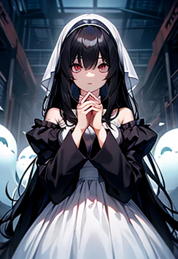 Monster ghost female, long Black hair ,big eyes , white dress , hands ,