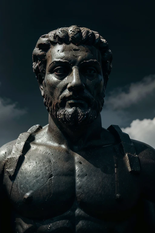 "A dark landscape image of an ancient greek society deeply connected to stoicism, black and white, ancient greek architecture, include one single big statue of a stereotypical strong greek man, marcus aurelius --ar 16:9 --style G4JuqKlERum6vZGYhO9USsL"