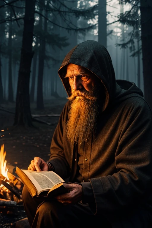 an old man with a long beard, torn clothes and a hood, lives in a gloomy forest and every night he reads a scary book by his campfire 