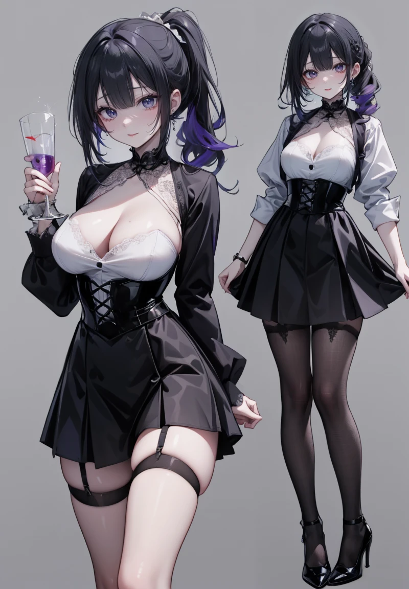 Purple Hair,Shortcuts,Adult female,(((bartender))),((Body Harness)),((Roll up your sleevesＹshirt)),(corset),(Tight Skirt),((garter belt)),High heels,((Simple Background)),smile,((whole body)),((whole body)),Character Sheet,