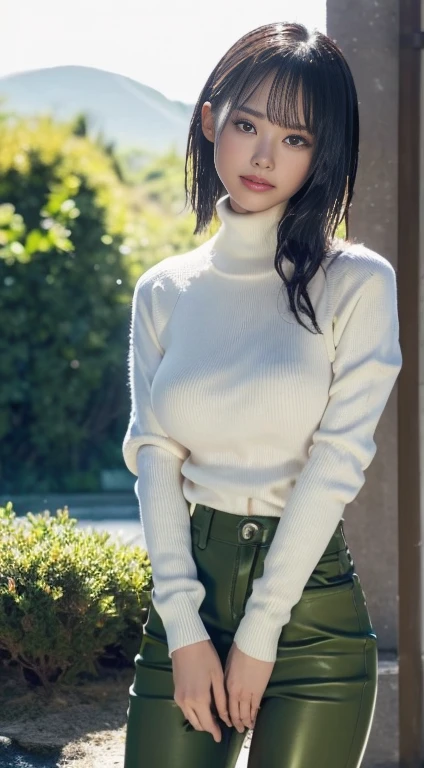 masterpiece, highest quality, Very detailed, Beautiful lighting, woman, Tight jeans, Blonde, (Green Eyes:1.3), (White sweater:1.2), turtleneck, stand up, In the park, Beautiful views, A little blush, smile, (かわいいsmile:1,1), (Glossy Lips:1.1), (Beautiful Eyes:1.1), wonderful returnround, Mouth closed, arms_behind_return, short hair、(Large Breasts、Wet crotch、Wet pants、incontinence:1.3)