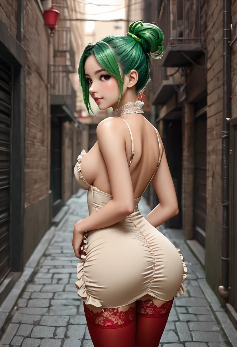 1 girl, Best quality, ultra-detailed, green hair tied in a bun, Brown eyes, Beautiful body, medium breasts, perfect ass, beige dress with ruffles, red lace stockings, prominent breast outline, nipples, , background = street, dark alley, outside = back view, turn around