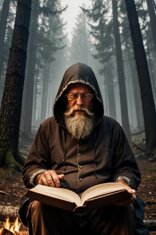 an old man with a long beard, torn clothes and a hood, lives in a gloomy forest and every night he reads a scary book by his campfire 