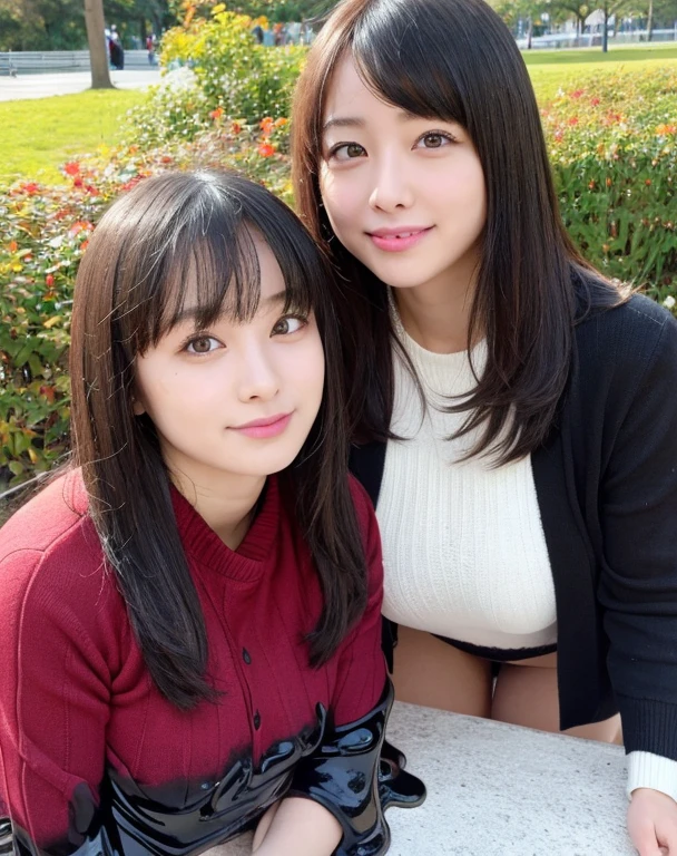 two girls，Embrace，knitted sweater jacket，（Big boobs：1.2），cleveage，穿Black underwear，black slime shapeshifter，looking at the audience，Smile， Black underwear、cleveage，Long hair ,Pretty Face，cute appearance，confident girl,Slime with melted lower body,In the park，There are many maple leaves，autumn，