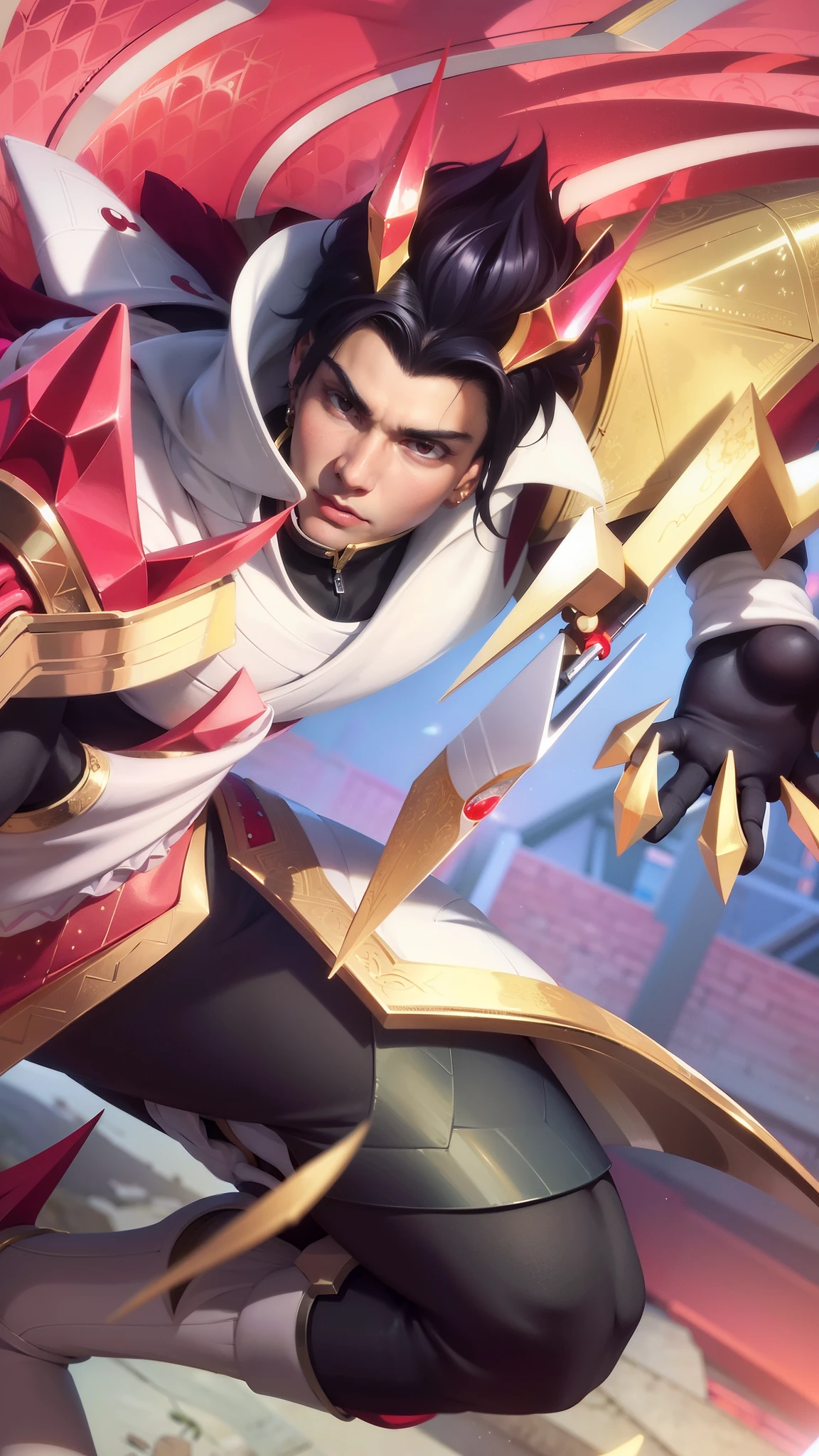 a guy in a white suit and red scarf holding a sword, son of sparda, handsome guy in demon slayer art, Best quality, masterpiece, detailed skin texture, detailed clothes texture, detailed face, super detail, 8k, intricate detail, 1 boy, The color doesn't change, Muscle guy, 1 guy.