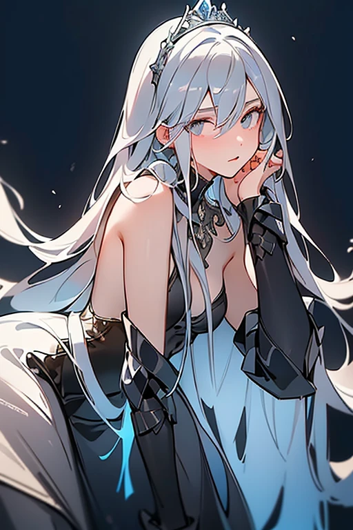 masterpiece, best quality, portrait, 1 adult woman, black background with a gray gradient from the bottom, long hair, clothes are a tight dress, white light comes from above, holds her hands behind her head, looks straight at the camera, Style is a black and white sketch image, she wears a tiara and has royal decorations, serious and cold eyes, small breasts
