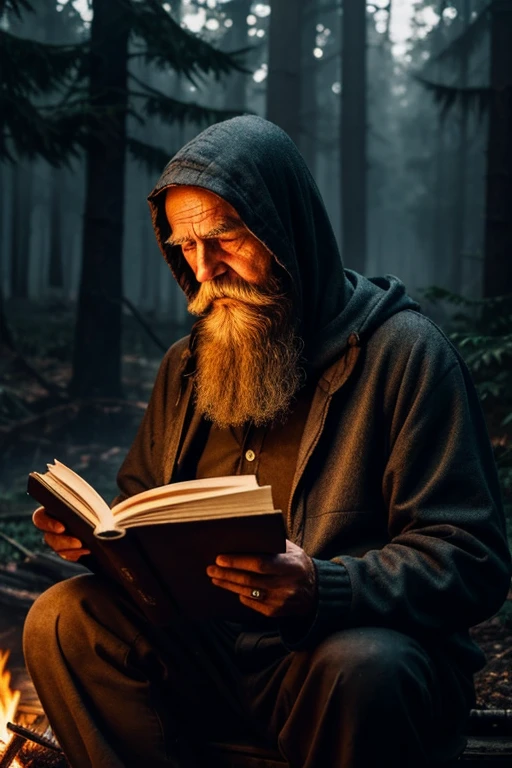 an old man with a long beard, torn clothes and a hood, lives in a gloomy forest and every night he reads a scary book by his campfire 