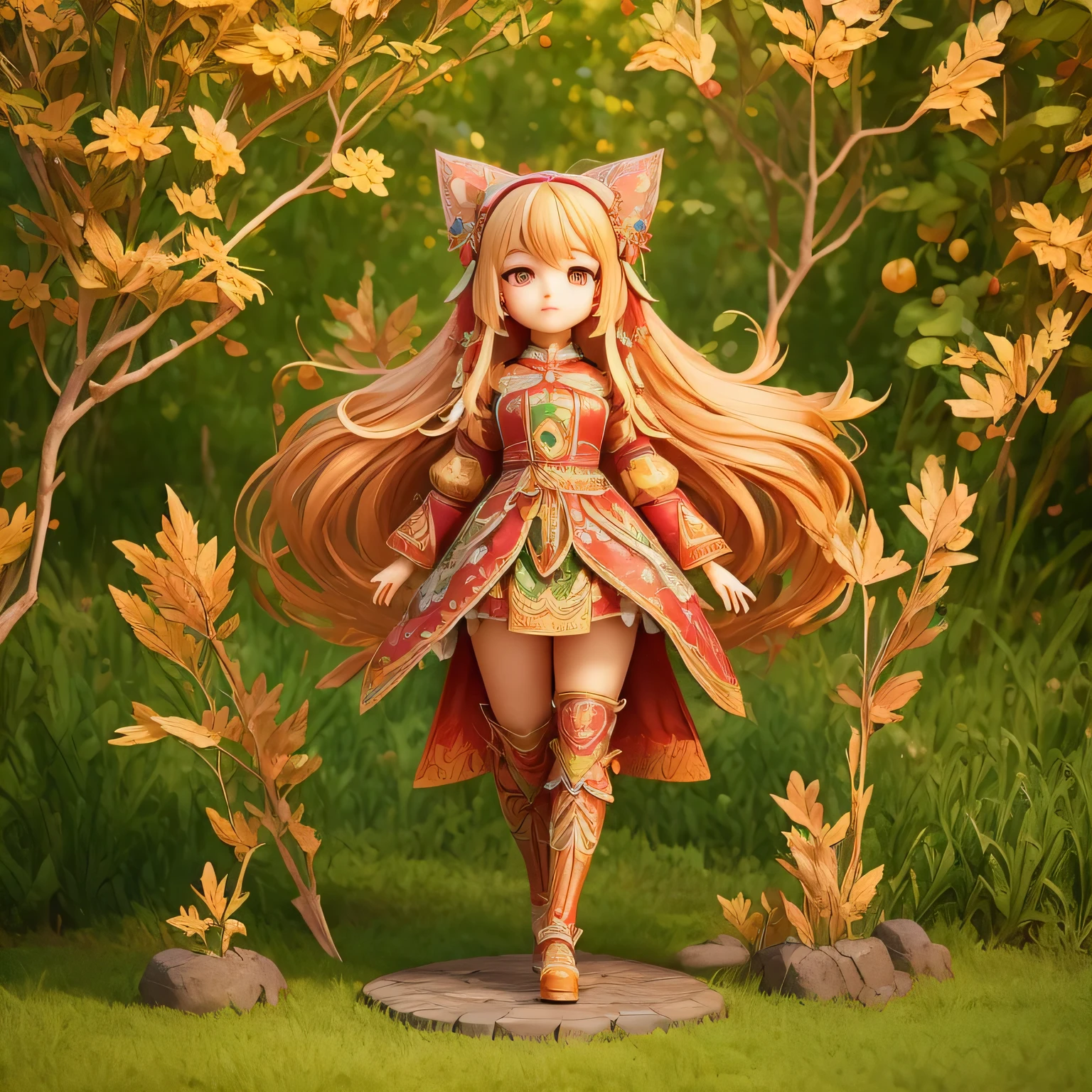 Cute girl  in red long suit hybrida armor with ((batik Mega mendung pattern))，using black bow, Step on the green lawn beneath your feet, mountain，Like a fairy，Extremely cute，((brownlight long hair)), full bodyesbian：2.1，Detailed rendering with 3D rendering techniques，Stylized representation of digital art。Render a cute 3D anime girl，Stylized presentation，A cute ceramic doll and a super detailed fantasy character appear at the same time，are rendered in stylized 3D renderings。Cute images of forest creatures and digital art will also appear，The background depicts the atmosphere of April