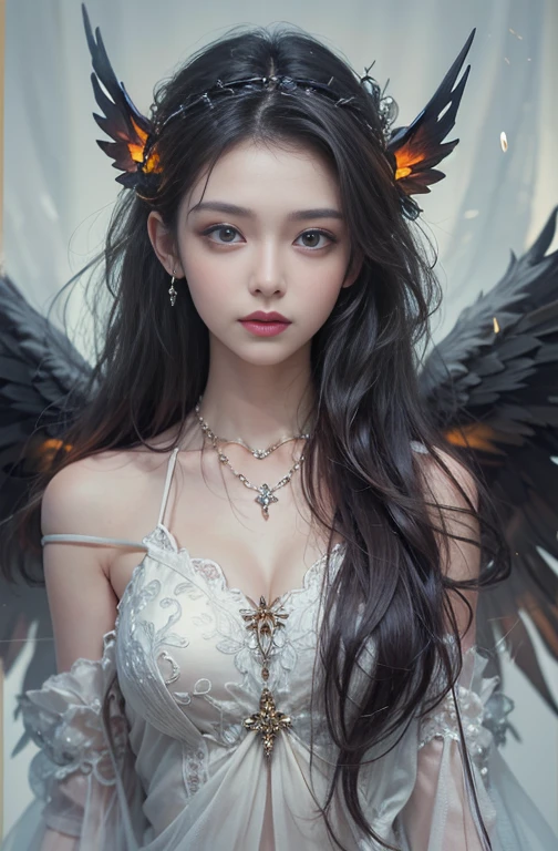 (masterpiece:1.3), (8K, Realistic, RAW Photos, Best image quality: 1.4), (Highest quality、masterpiece、Ultra-high resolution、(Realistic:1.8))、Beautiful standing posture、(((Fair-skinned Goddess、Goddess Athens、Super-level demon、The Goddess Fallen to the Devil、Silver Hair)))、(((Huge jet black devil wings on the latissimus dorsi、Huge black feather、The black feathers that everyone fears)))、Cleavage:2.0、Highly detailed face、Attention to detail、double eyelid、Well-formed face、Sharp focus:1.2、Beautiful woman:1.8、 Highly detailed and professionally lit smiles, ((Gothic Costume、black goth fashion、Gorgeous Dress))、 (((Gorgeous Necklace))) , One person、(both hands, Perfect Fingers、Beautiful fingers)、Golden Staff