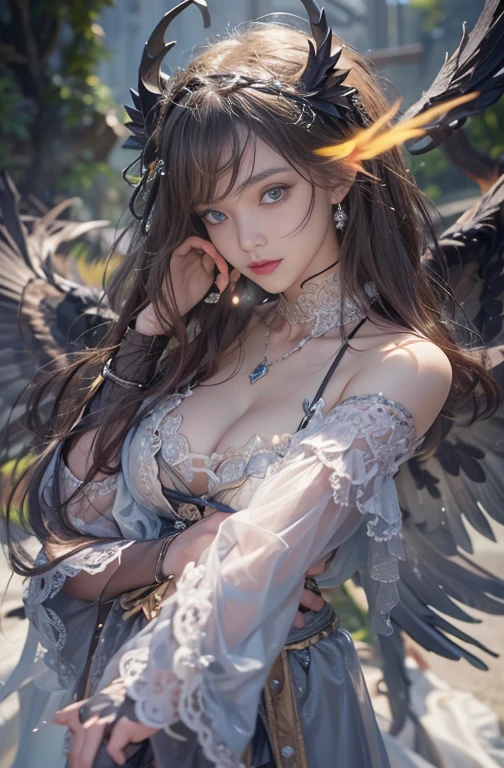 (masterpiece:1.3), (8k, Photorealistic, Raw photo, Best image quality: 1.4), Fair-skinned fairy woman、long Hair blowing、Hair flowing in the wind、Cleavage:2.0、Super detailed face、Attention to detail、double eyelid、Put your chest together、Sharp focus:1.2、Beautiful woman:1.4、 brunette hair、highest quality、masterpiece、超A high resolution、(Photorealistic:1.4)、Highly detailed and professionally lit smile, gothic costume、dark street ,Shoulder out、thin、Serious expression、Goth Fashion:1.2 , Short-haired、Deadly position, gorgeous necklace , one person、whole body, Enormous black angel wings from the latissimus dorsi、rainy , yellow eye