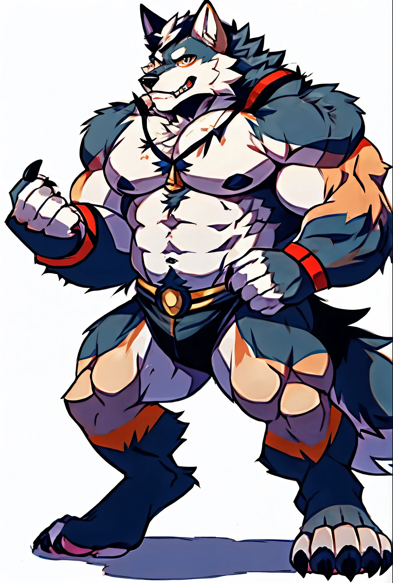 Human-wolf,musculous,Hairy all over,clawed paws,erect through