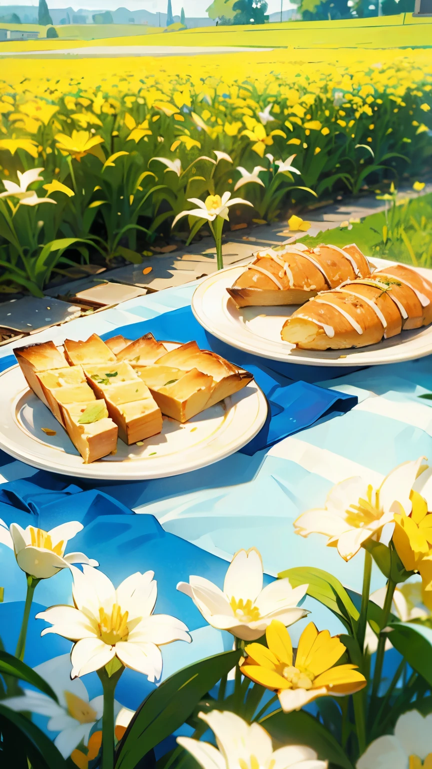 a plate of garlic bread, served on an outdoor table, spring time, flower field, sunny day