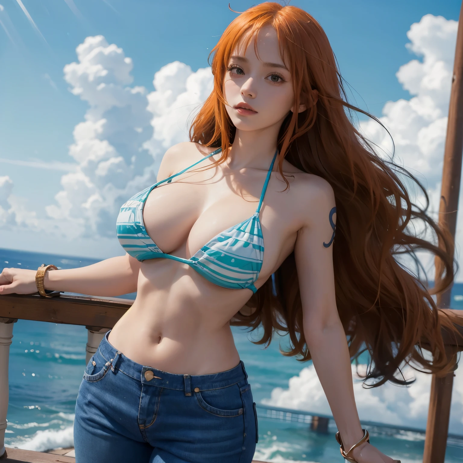 (((masterpiece+best quality+high resolution+ultra-detailed))), nami \(one piece\), long silky orange hair, high nose, sharp eyes, (natural big breasts:1.4), noble and inviolable temperament, (([female]: 1.2 + [beauty]: 1.2 + orange long hair: 1.2)), (blue bikini, white stripe), pirate ship background, (one piece), blue sky, bracelets, bubbles, clouds, denim, shoulder tattoo, bright eyes, dynamic angle, and posture.