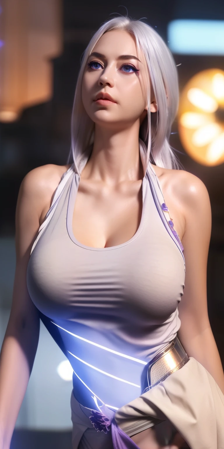 realistic, 1girl, white hair, purple eyes, glowing eyes, under tank top, up skirt, parted lips, blush, night, flowers, sun, sunlight, big breasts, 